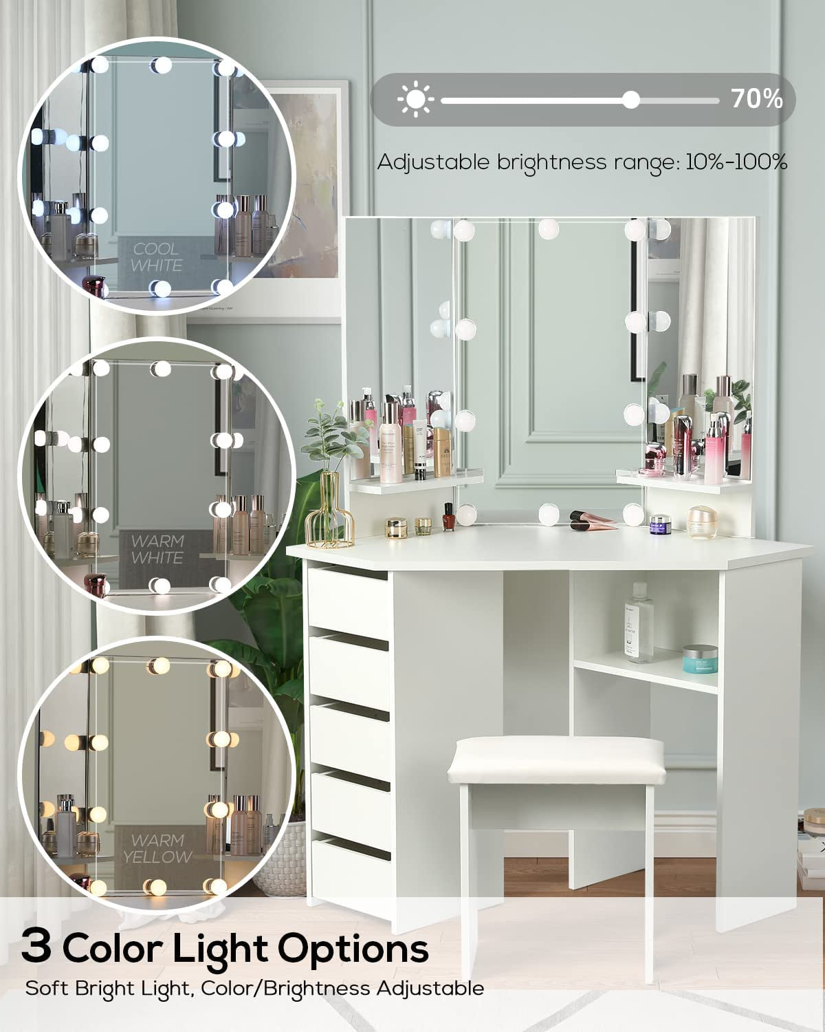 Coiffeuse Élégante avec Miroir Tri-Face & Lumières LED